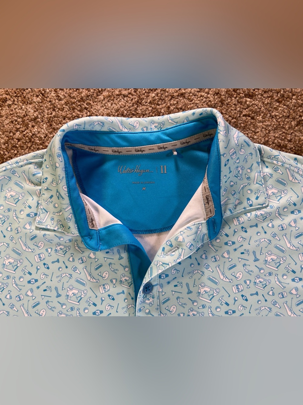 Walter Hagen Men’s Golf Polo Shirt Light Aqua Blue Novelty Print Size M